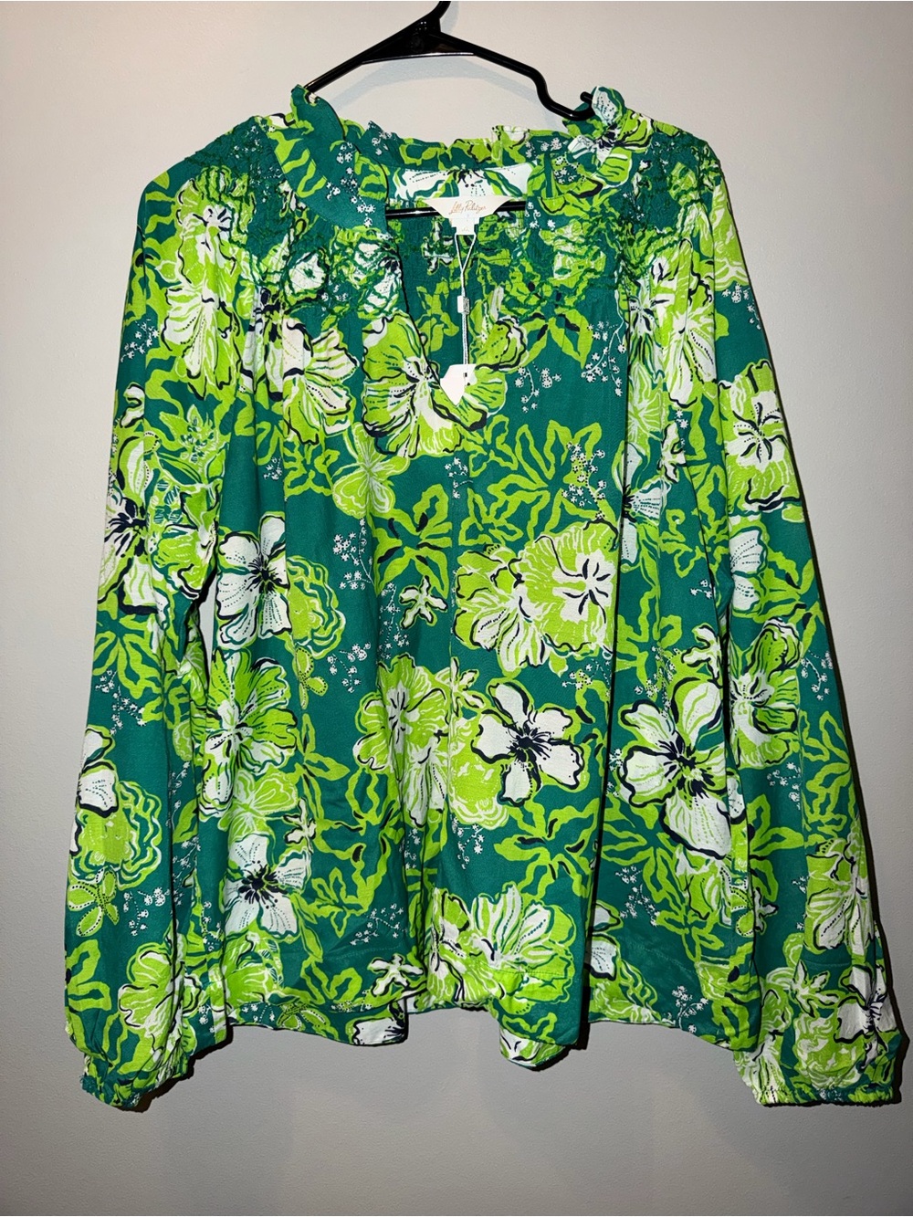 Lilly Pulitzer Green Floral Ruffle-Neck Blouse